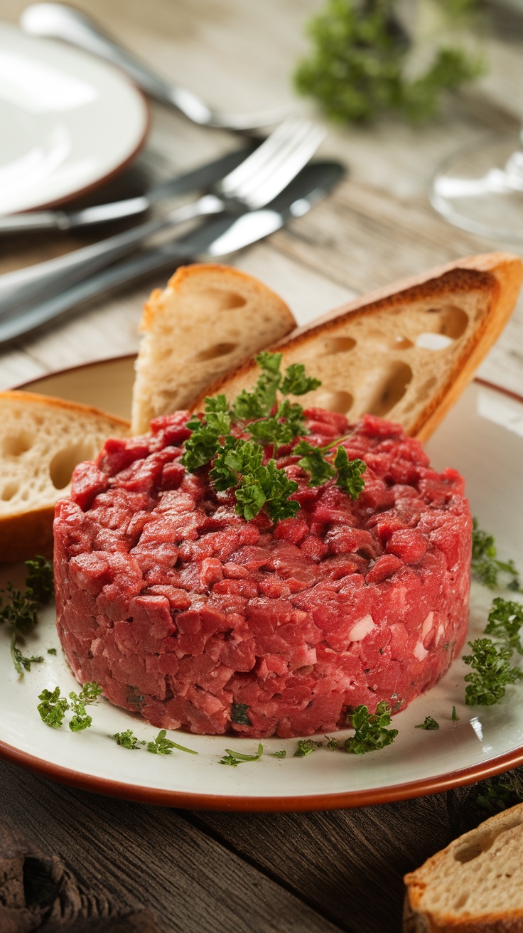 A plate of steak tartare garnished with parsley and served with toasted baguette slices on a rustic wooden table.